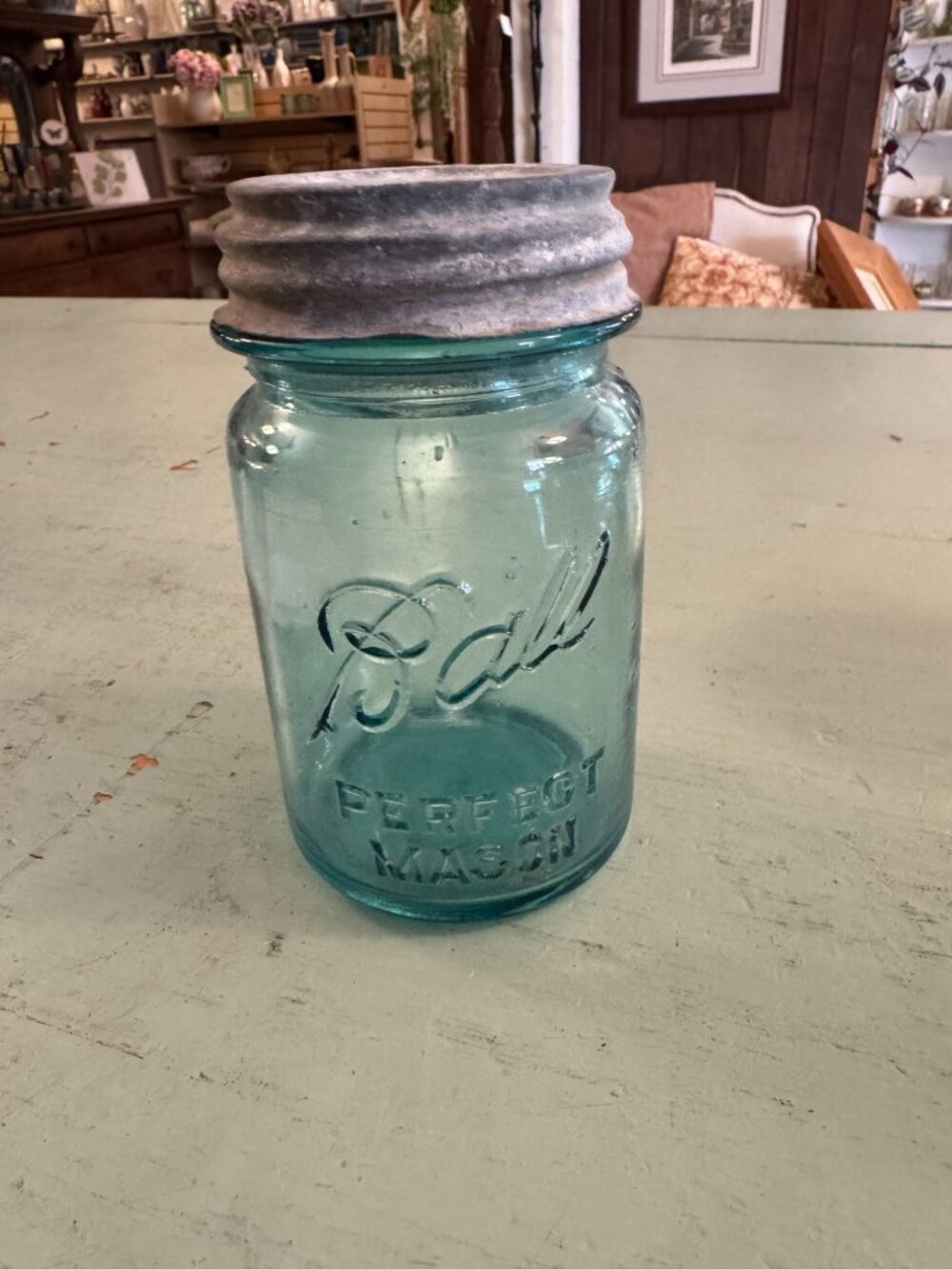 Vintage Ball Perfect Mason Jar With Zinc Lid Blue Glass Embossed Antique 1930s